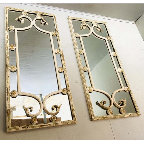 353 - ARCHITECTURAL WALL MIRRORS, pair, 111cm H x 48cm W, Italian style, aged frames. (2)