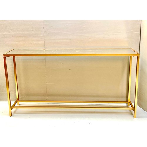 408 - CONSOLE TABLE, gilt metal, mirrored top, 79cm x 152cm x 25cm.