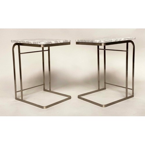 112 - FLEXFORM DRINKS TABLES, a pair, Italian grey/white marble on stainless steel supports signed 'Flexfo... 