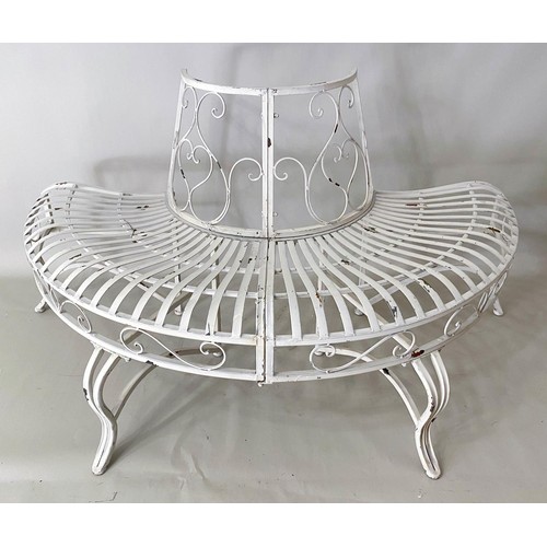 433 - ARCHITECTURAL GARDEN TREE BENCH, aged white painted metal frame 78cm x 151cm x 75cm.