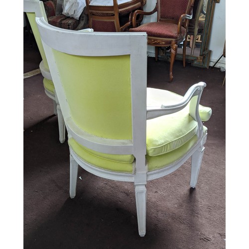 177 - FAUTEUILS, a pair, each 62cm x 93cm H, 20th century with white painted show frames and pale lime uph... 