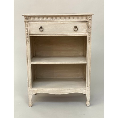 110 - BOOKCASE, 19th century French Louis XVI style, cream painted with drawer and shelves and fluted frie... 