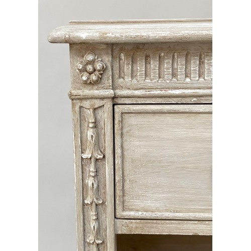 110 - BOOKCASE, 19th century French Louis XVI style, cream painted with drawer and shelves and fluted frie... 