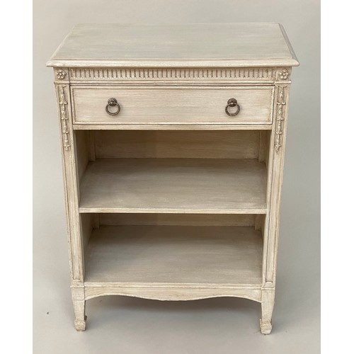 110 - BOOKCASE, 19th century French Louis XVI style, cream painted with drawer and shelves and fluted frie... 