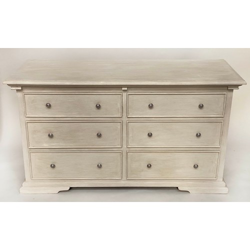 108 - LOW CHEST, French style traditionally grey painted with six drawers, 150cm W x 56cm D x 76cm H.