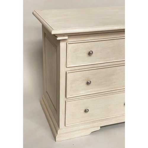 108 - LOW CHEST, French style traditionally grey painted with six drawers, 150cm W x 56cm D x 76cm H.