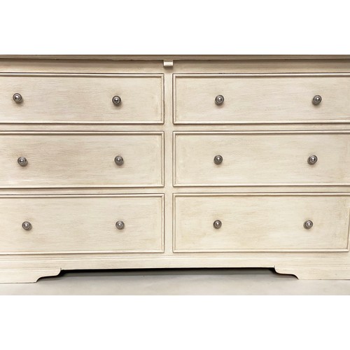 108 - LOW CHEST, French style traditionally grey painted with six drawers, 150cm W x 56cm D x 76cm H.