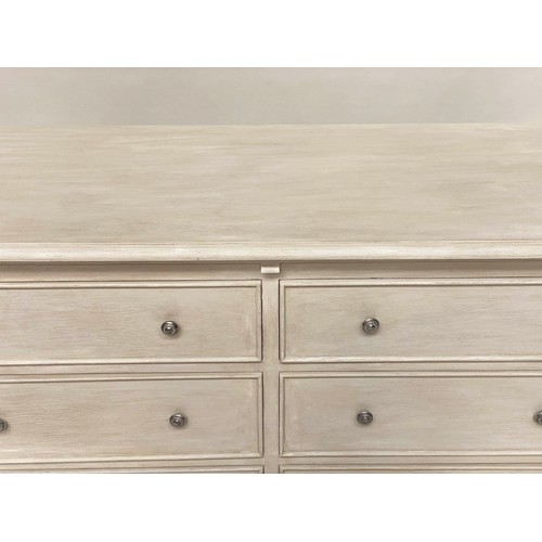 108 - LOW CHEST, French style traditionally grey painted with six drawers, 150cm W x 56cm D x 76cm H.