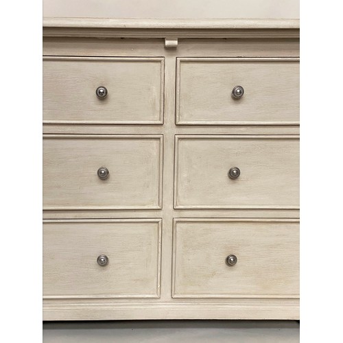 108 - LOW CHEST, French style traditionally grey painted with six drawers, 150cm W x 56cm D x 76cm H.