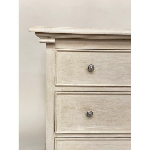 108 - LOW CHEST, French style traditionally grey painted with six drawers, 150cm W x 56cm D x 76cm H.