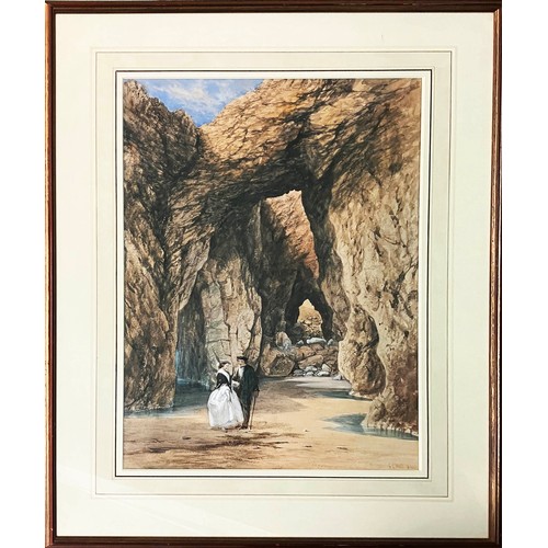 74 - GEORGE LOTHIAN HALL (1825-1888) 'Couple on a beach with arched rock formation', water colour 50cm x ... 