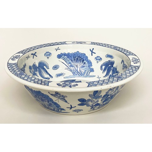 138 - BOWL, Chinese blue and white with cross hatch rim, 44cm diam.