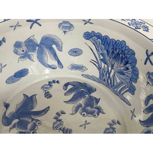 138 - BOWL, Chinese blue and white with cross hatch rim, 44cm diam.