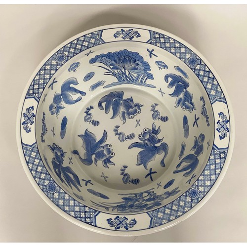 138 - BOWL, Chinese blue and white with cross hatch rim, 44cm diam.