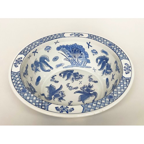 138 - BOWL, Chinese blue and white with cross hatch rim, 44cm diam.