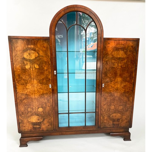 139 - ART DECO DISPLAY CASE, burr walnut with arch glazed, shelved section flanked by panelled doors, 122c... 