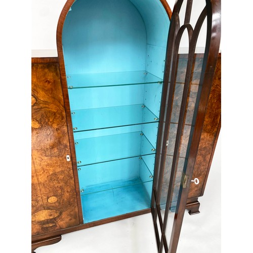 139 - ART DECO DISPLAY CASE, burr walnut with arch glazed, shelved section flanked by panelled doors, 122c... 