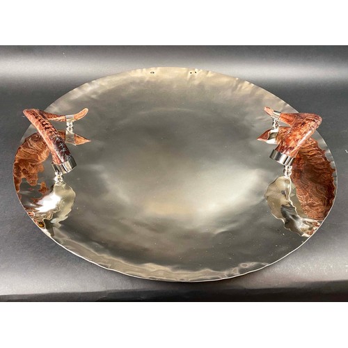 355 - PLATTER TRAY, 63cm diam., faux horn handles.