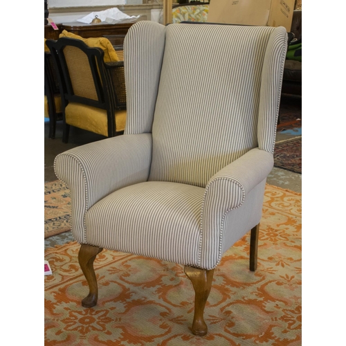 160 - WING ARMCHAIR, 104cm H x 75cm, Georgian style in new ticking upholstery.