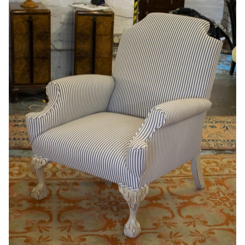 159 - ARMCHAIR, 90cm H x 71cm, Georgian style white painted in ticking fabric.