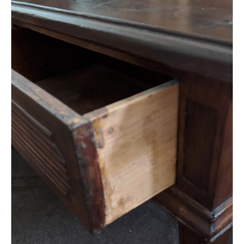 165 - LOW TABLE, 42cm D x 104cm W x 57cm stained pine with two drawers with ribbed detail.