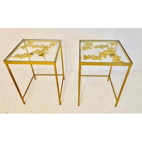 359 - SIDE TABLES, pair, 51cm H x 35cm W, gilt metal, butterfly detail below glass inserted tops. (2)