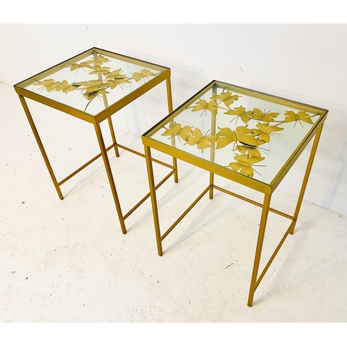 359 - SIDE TABLES, pair, 51cm H x 35cm W, gilt metal, butterfly detail below glass inserted tops. (2)