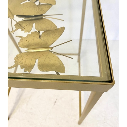 359 - SIDE TABLES, pair, 51cm H x 35cm W, gilt metal, butterfly detail below glass inserted tops. (2)