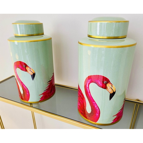 366 - GINGER JARS, a pair, 40cm H x 20cm diam., glazed ceramic with flamingo print. (2)