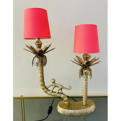 368 - TABLE LAMP, 50cm H x 33cm W x 15cm D, form of palm trees with a climbing monkey, with shades.