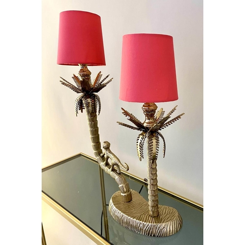 368 - TABLE LAMP, 50cm H x 33cm W x 15cm D, form of palm trees with a climbing monkey, with shades.