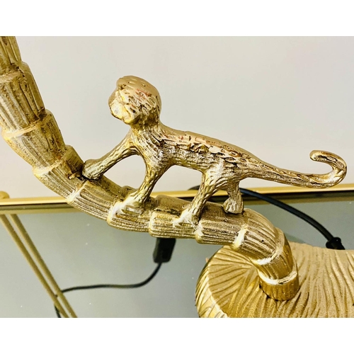 368 - TABLE LAMP, 50cm H x 33cm W x 15cm D, form of palm trees with a climbing monkey, with shades.