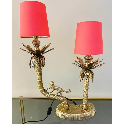 368 - TABLE LAMP, 50cm H x 33cm W x 15cm D, form of palm trees with a climbing monkey, with shades.