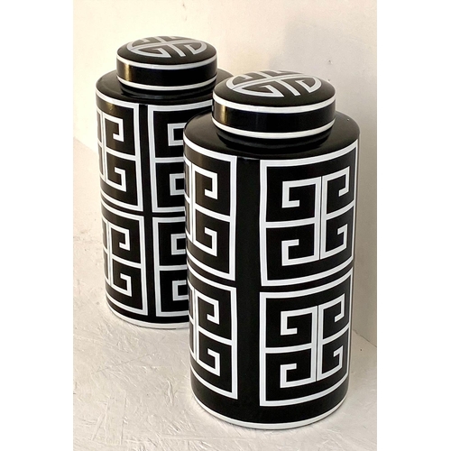 371 - GINGER JARS, a pair, 40cm H x 20cm diam., glazed ceramic with geometric print. (2)