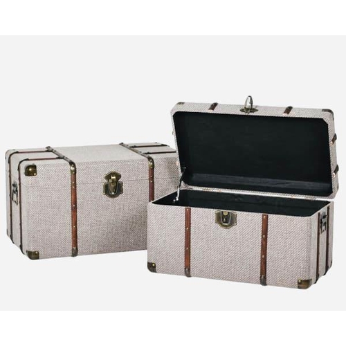 377 - TRUNKS, graduated set of two, largest 43cm H x 77cm W x 45cm D, fabric coverings and wooden bound. (... 