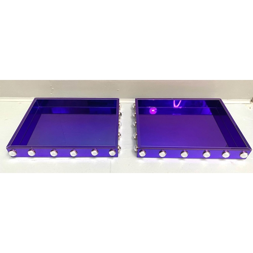 403 - COCKTAIL TRAYS, a pair, electric blue mirrored glass, 7x53x43. (2)