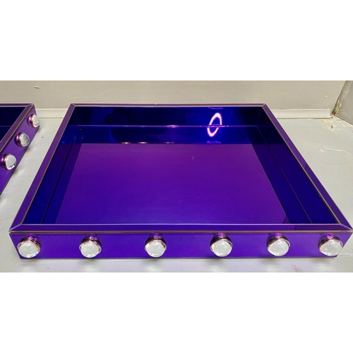 403 - COCKTAIL TRAYS, a pair, electric blue mirrored glass, 7x53x43. (2)