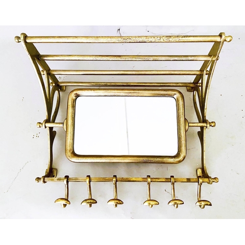 405 - WALL MOUNTING LUGGAGE RACK, gilt metal articulating mirror, six hooks base, 54cm x 67cm x 37cm.