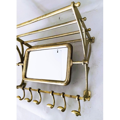 405 - WALL MOUNTING LUGGAGE RACK, gilt metal articulating mirror, six hooks base, 54cm x 67cm x 37cm.