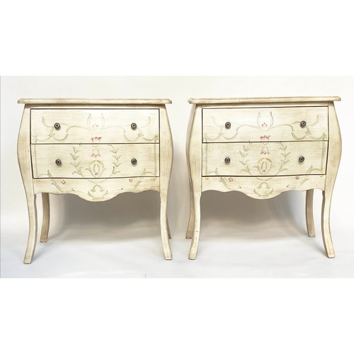 117 - BEDSIDE CHESTS, 89cm H x 79cm W x 40cm D, a pair, French grey painted of bombe form each with two dr... 