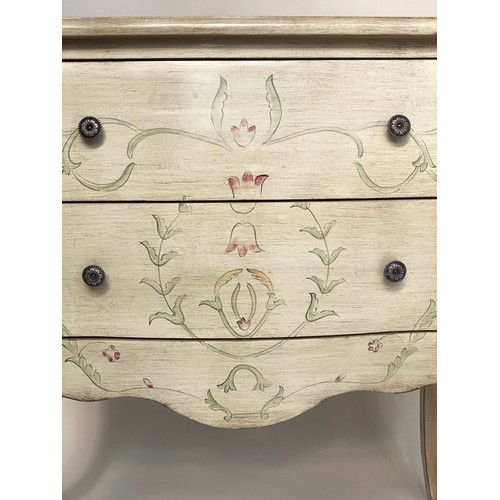 117 - BEDSIDE CHESTS, 89cm H x 79cm W x 40cm D, a pair, French grey painted of bombe form each with two dr... 