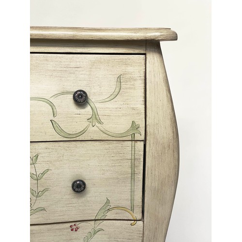 117 - BEDSIDE CHESTS, 89cm H x 79cm W x 40cm D, a pair, French grey painted of bombe form each with two dr... 