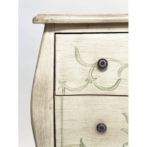 117 - BEDSIDE CHESTS, 89cm H x 79cm W x 40cm D, a pair, French grey painted of bombe form each with two dr... 