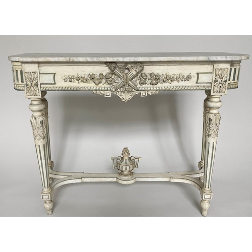 288 - CONSOLE TABLE, 19th century French Louis XVI style carved cream painted with blue accents, marble to... 