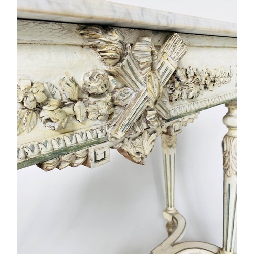 288 - CONSOLE TABLE, 19th century French Louis XVI style carved cream painted with blue accents, marble to... 