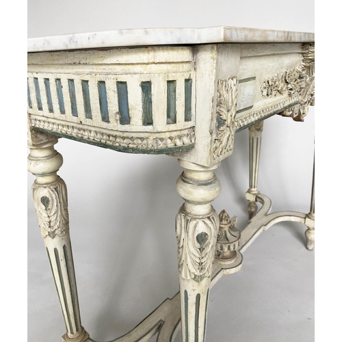 288 - CONSOLE TABLE, 19th century French Louis XVI style carved cream painted with blue accents, marble to... 