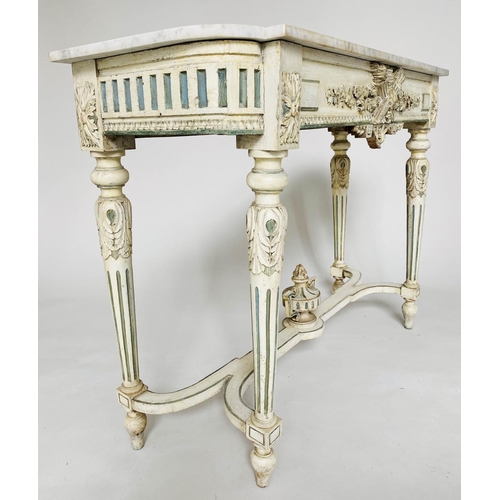 288 - CONSOLE TABLE, 19th century French Louis XVI style carved cream painted with blue accents, marble to... 