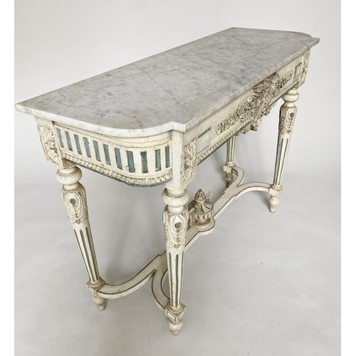 288 - CONSOLE TABLE, 19th century French Louis XVI style carved cream painted with blue accents, marble to... 