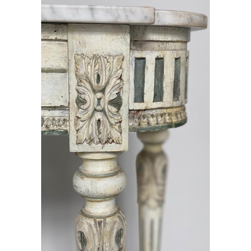 288 - CONSOLE TABLE, 19th century French Louis XVI style carved cream painted with blue accents, marble to... 