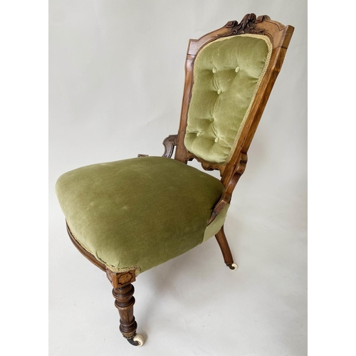 285 - SALON CHAIR, Victorian Aesthetic walnut with mint green velvet upholstery, 58cm W.